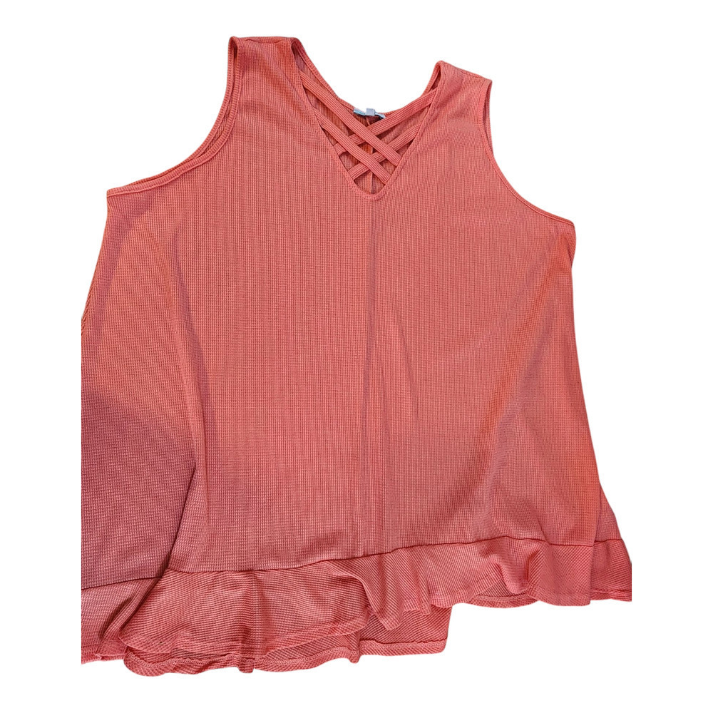 White Birch pink sz 3XL tank‎ top waffle knit ruffle hem crisscross neckline